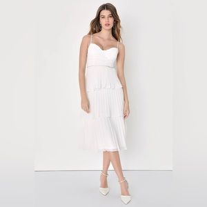 Lulus - Charming forever white pleated rhinestone tiered midi dress, small